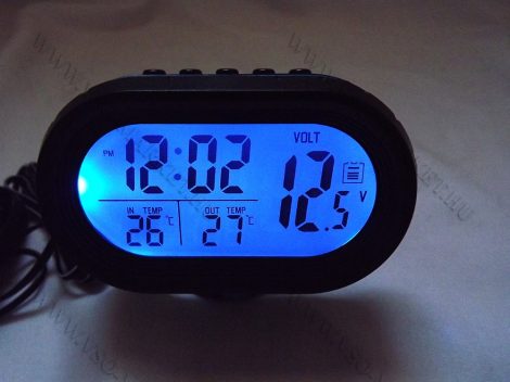Autós szivargyújtó feszültségmérő, voltmérő, hőmérő óra és ébresztő Kék LED