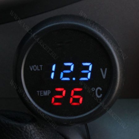Autós hőmérő, 12V 24V szivargyújtó feszültségmérő, USB töltő kék LED