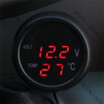   Autós hőmérő, 12V 24V szivargyújtó feszültségmérő, hőmérős, USB töltő piros LED