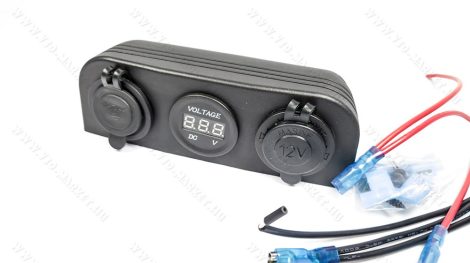 Autós 12V 24V feszültségmérő, voltmérő, beépíthető tripla panel, USB töltő Piros LED