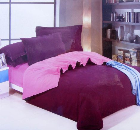 6 részes 2 színű pamut ágynemű, ágyneműhuzat garnitúra Lila Rózsaszín